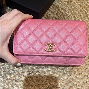 CHANEL PINK IRIDESCENT WALLET ON CHAIN